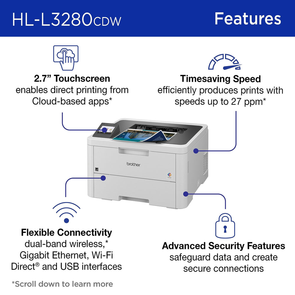 Brother output tray with crisp color documents, produces smudge-free prints