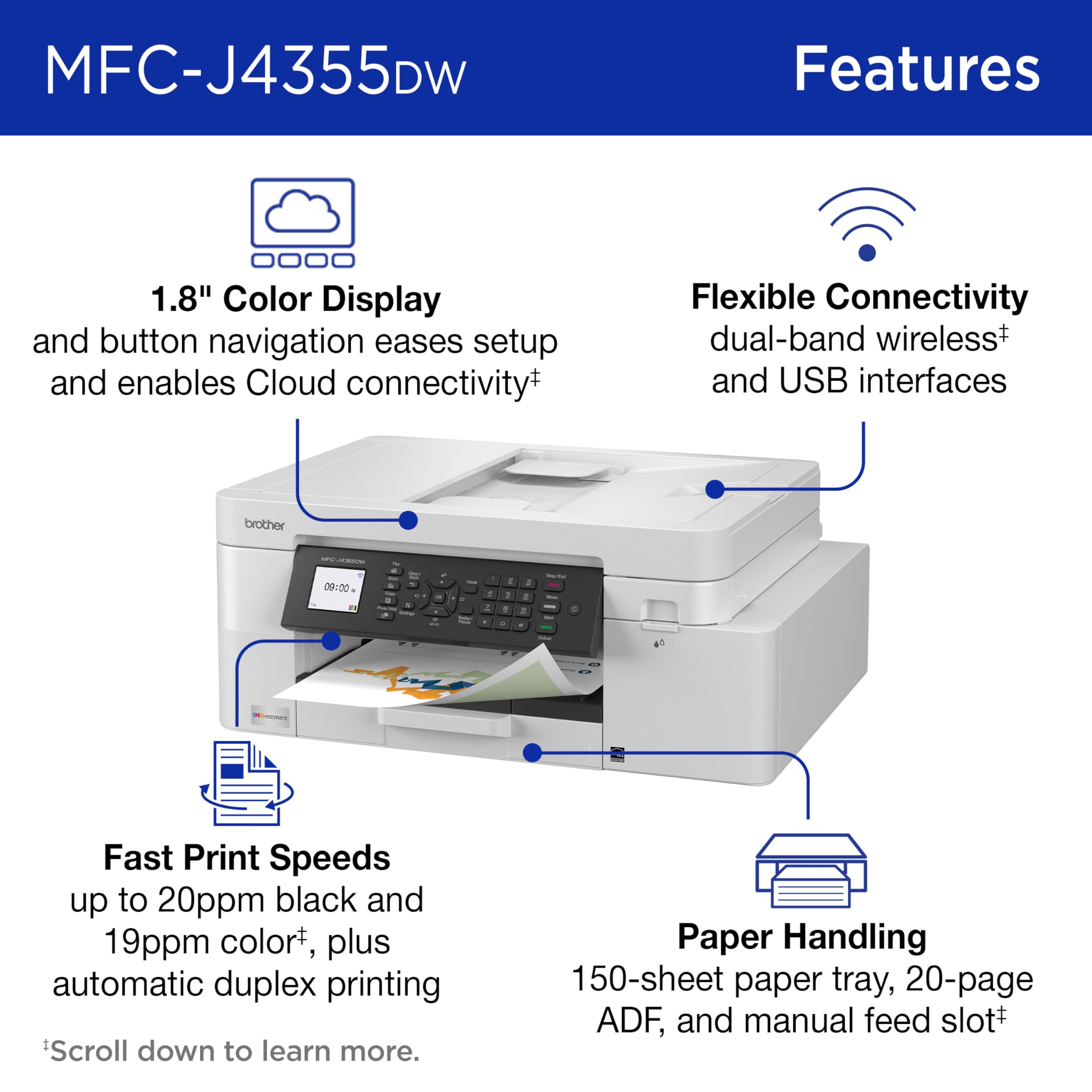 Brother INKvestment paper tray open showing 150-sheet capacity for longer runs
