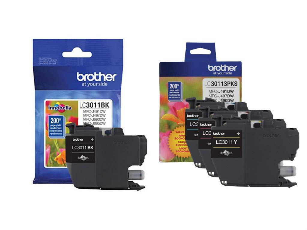 Brother LC3011 cartridge front packaging showing full set and reliable color output