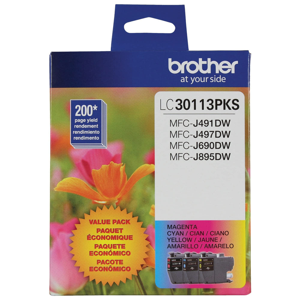 Brother LC30113PKS front packaging showing three color cartridges and benefits
