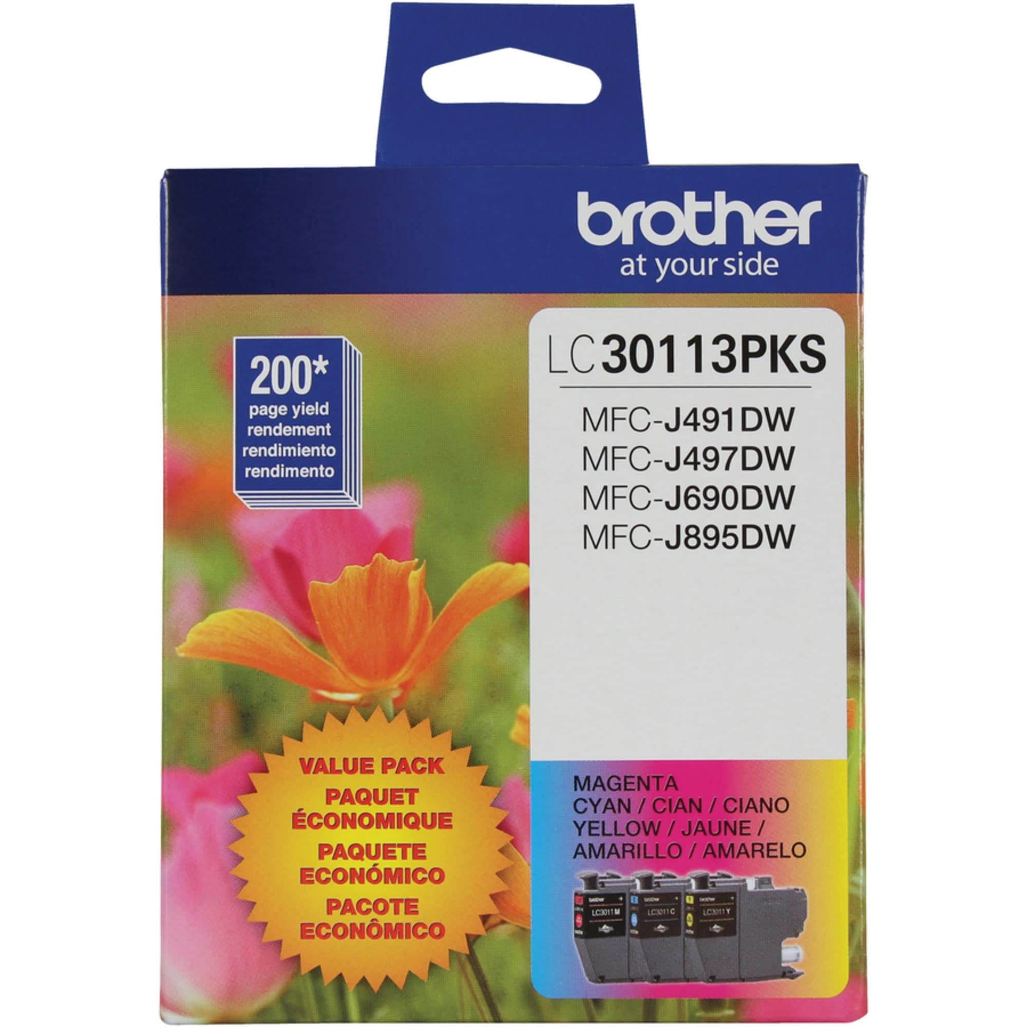 Brother LC30113PKS next to a ruler and label showing compact size and yield