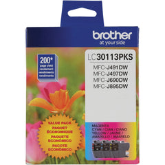 Brother LC30113PKS next to a ruler and label showing compact size and yield