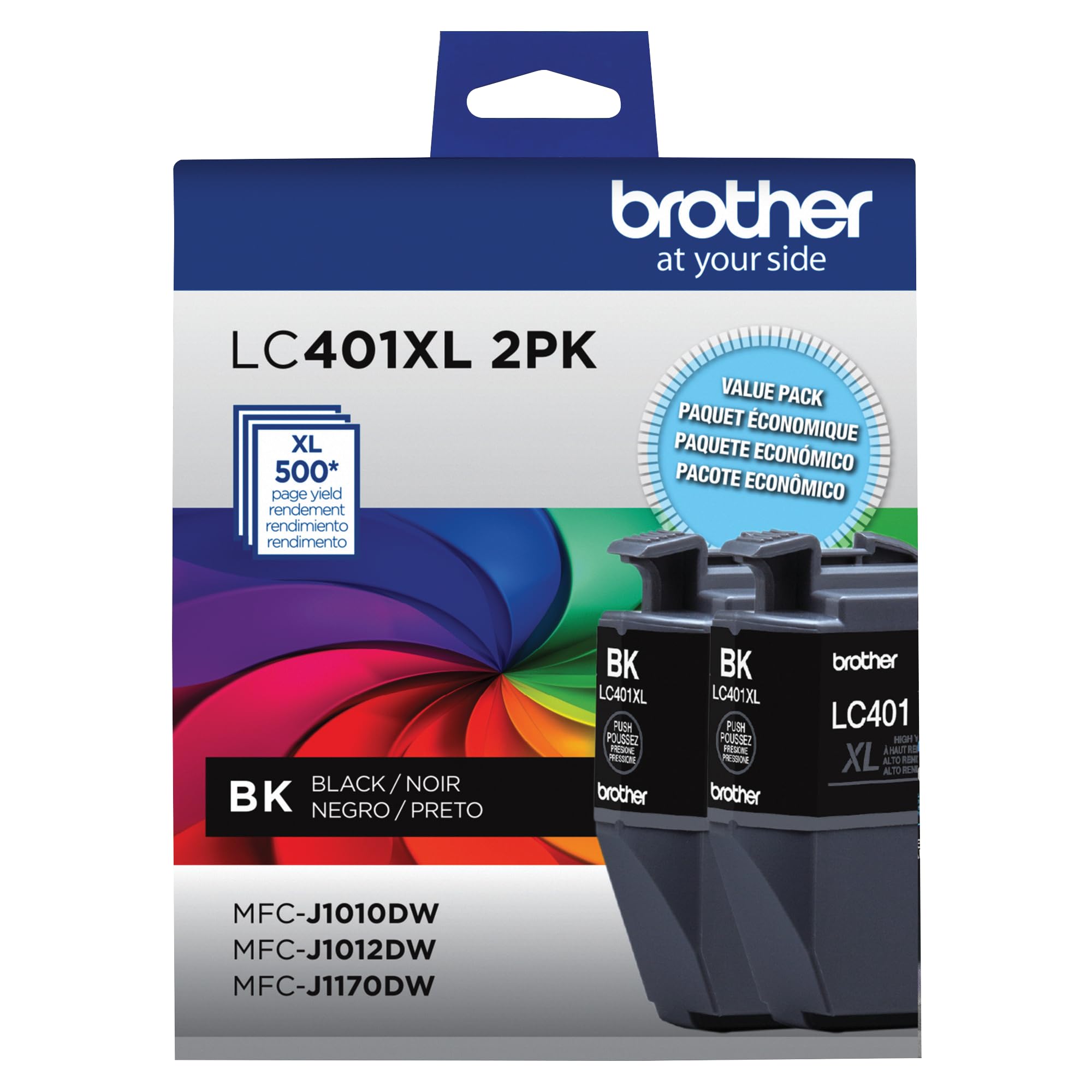 Brother LC401XL front packaging showing two cartridges and clear product labeling for quick identification and convenience
