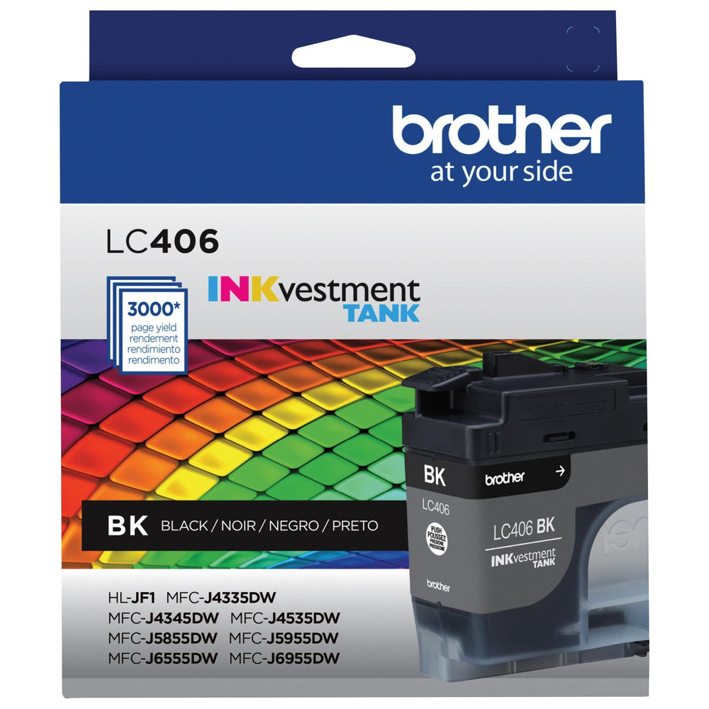 Brother LC406BK cartridge close-up showing nozzle and tidy plug-in design