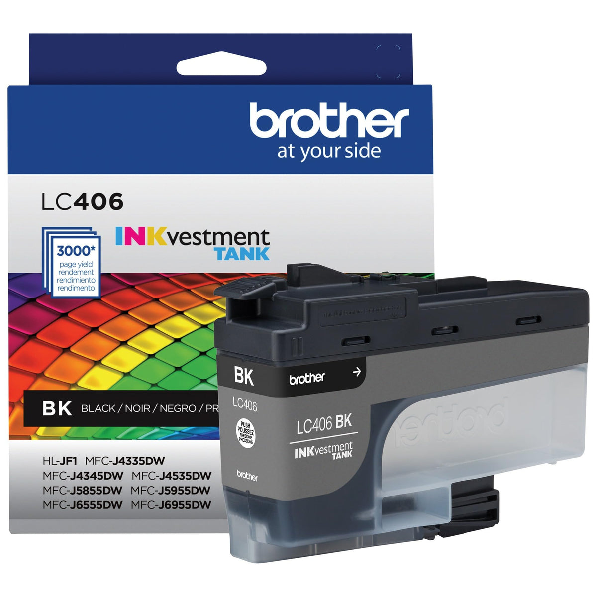 Brother LC406BK front packaging showing product and compatibility benefits