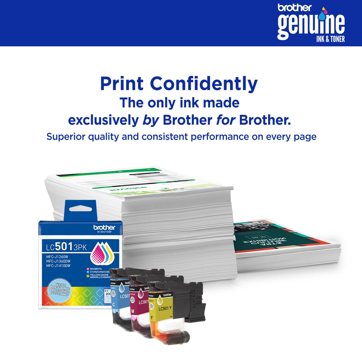 Brother side view of cyan magenta yellow cartridges illustrating consistent color quality