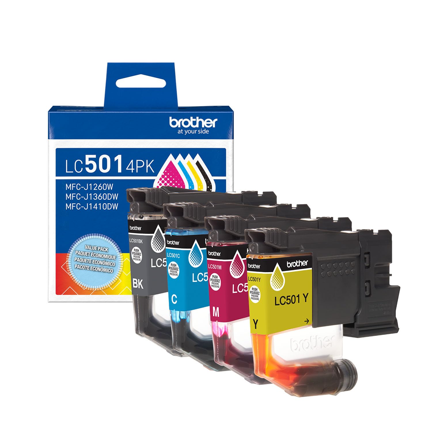 Brother front packaging showing LC5014PK 4-pack and clear product labeling benefits reliable purchase