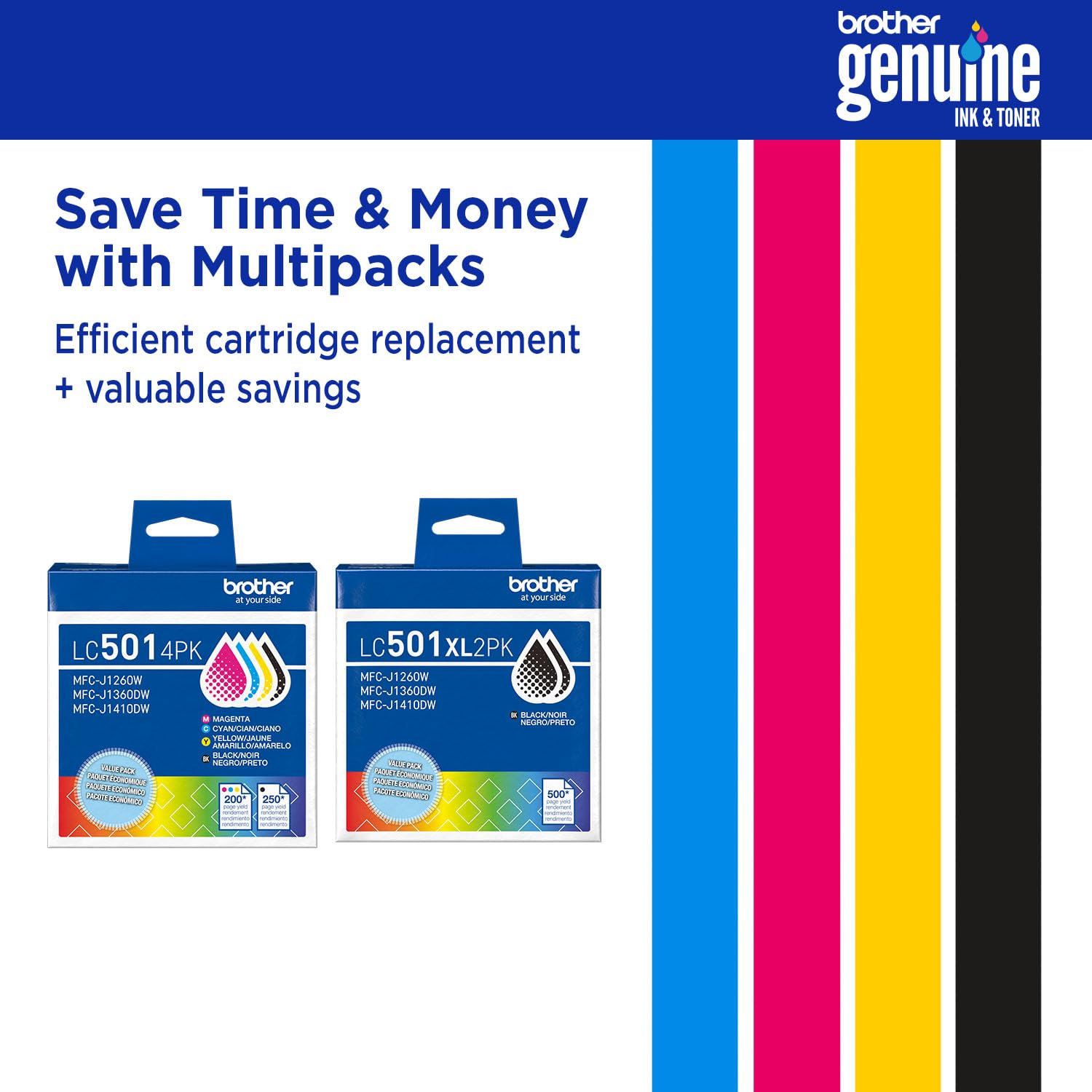 Brother recycling-ready cartridges and packaging indicating eco-friendly disposal option