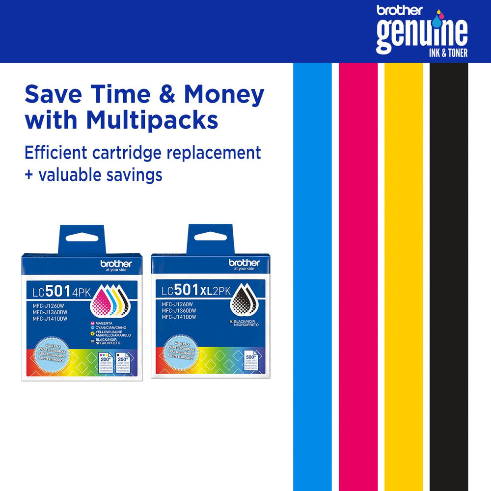 Brother recycling-ready cartridges and packaging indicating eco-friendly disposal option