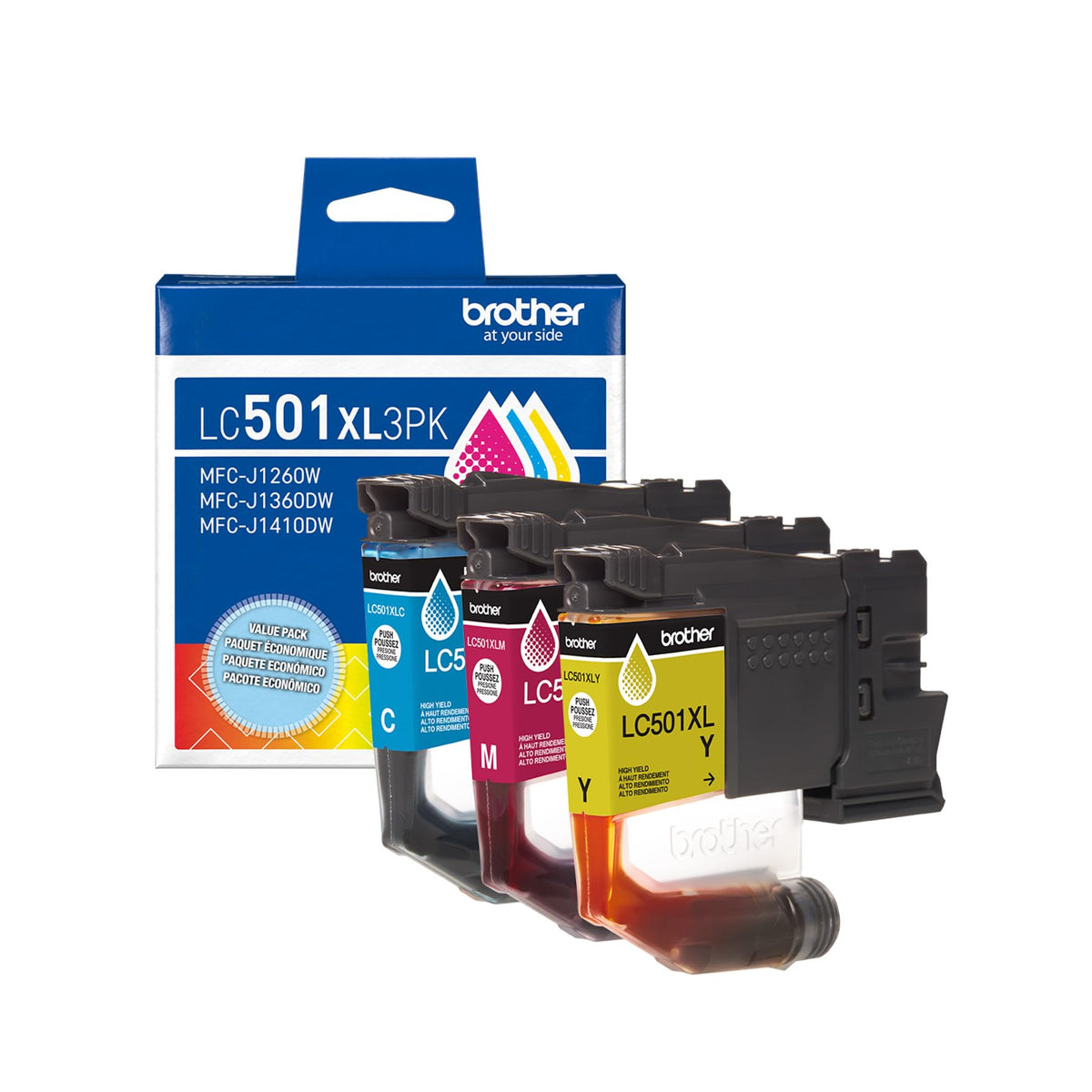 Brother LC501XL3PK front packaging showing three color cartridges and convenience