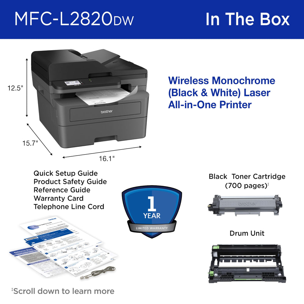 Brother MFC-L2820DW mobile app screenshot demonstrating remote print and supply ordering
