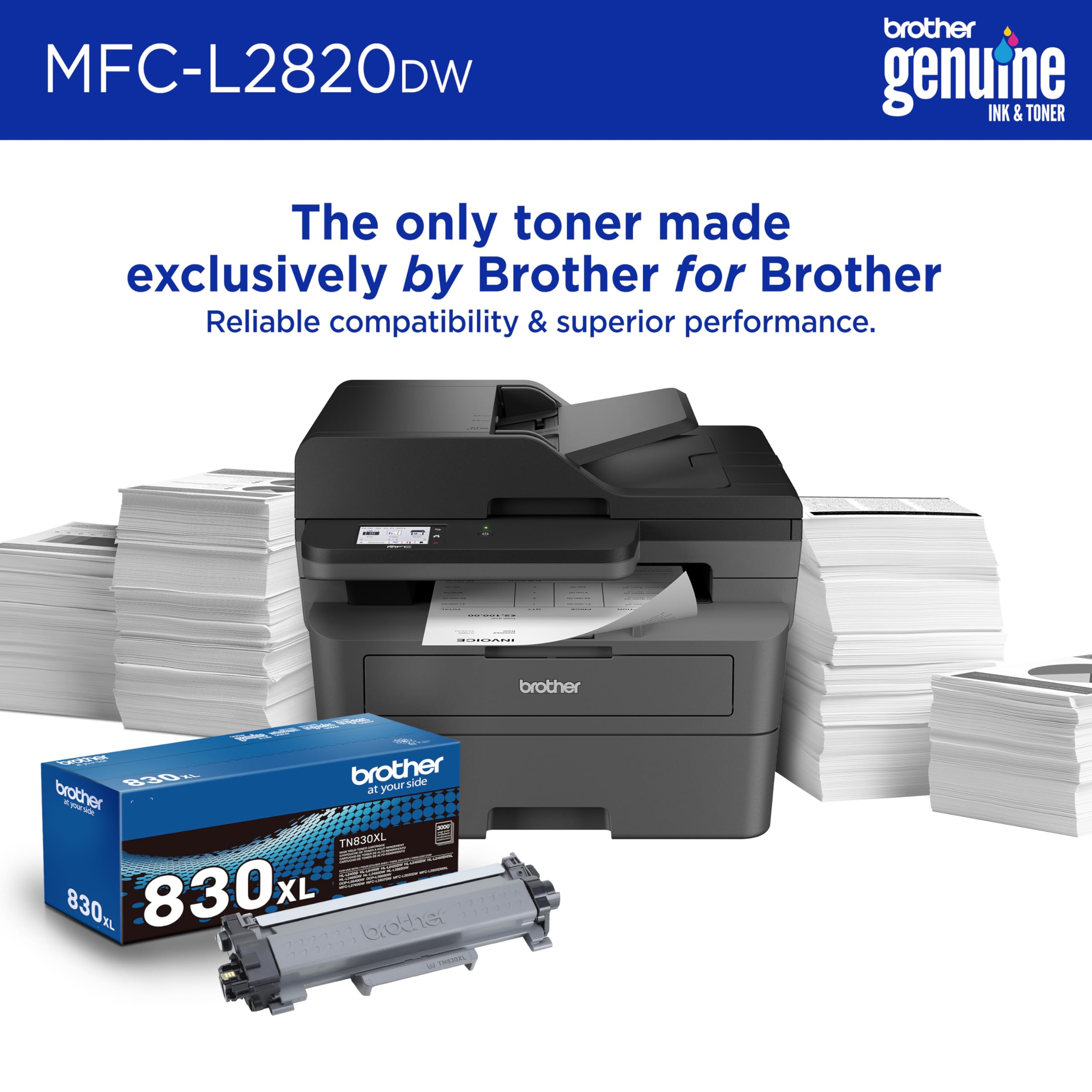 Brother MFC-L2820DW side profile highlighting compact footprint to save desk space