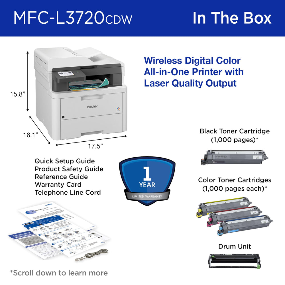 Brother MFC-L3720CDW on a small office desk illustrating space-saving efficiency