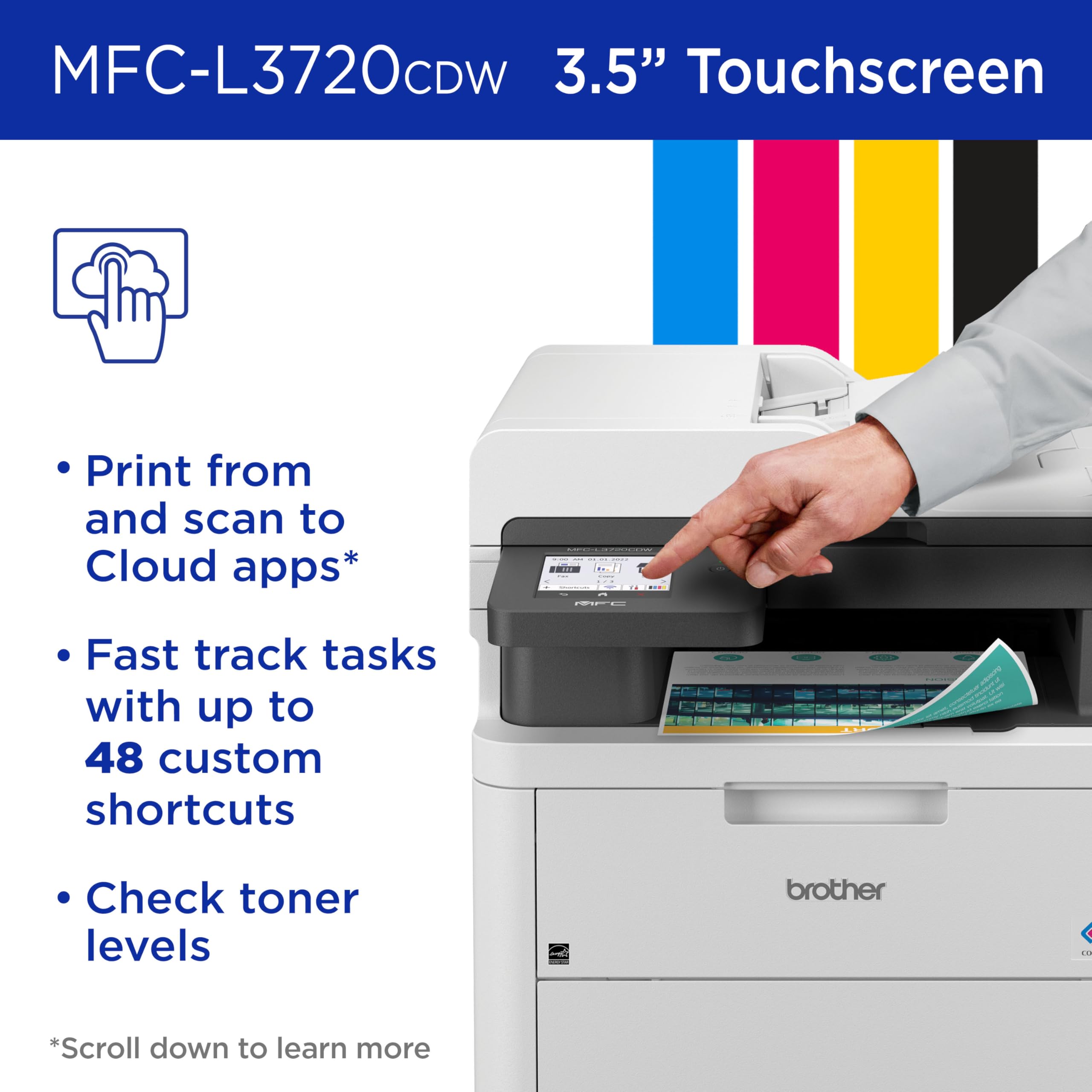 Brother MFC-L3720CDW printed color and black sample pages showing crisp output