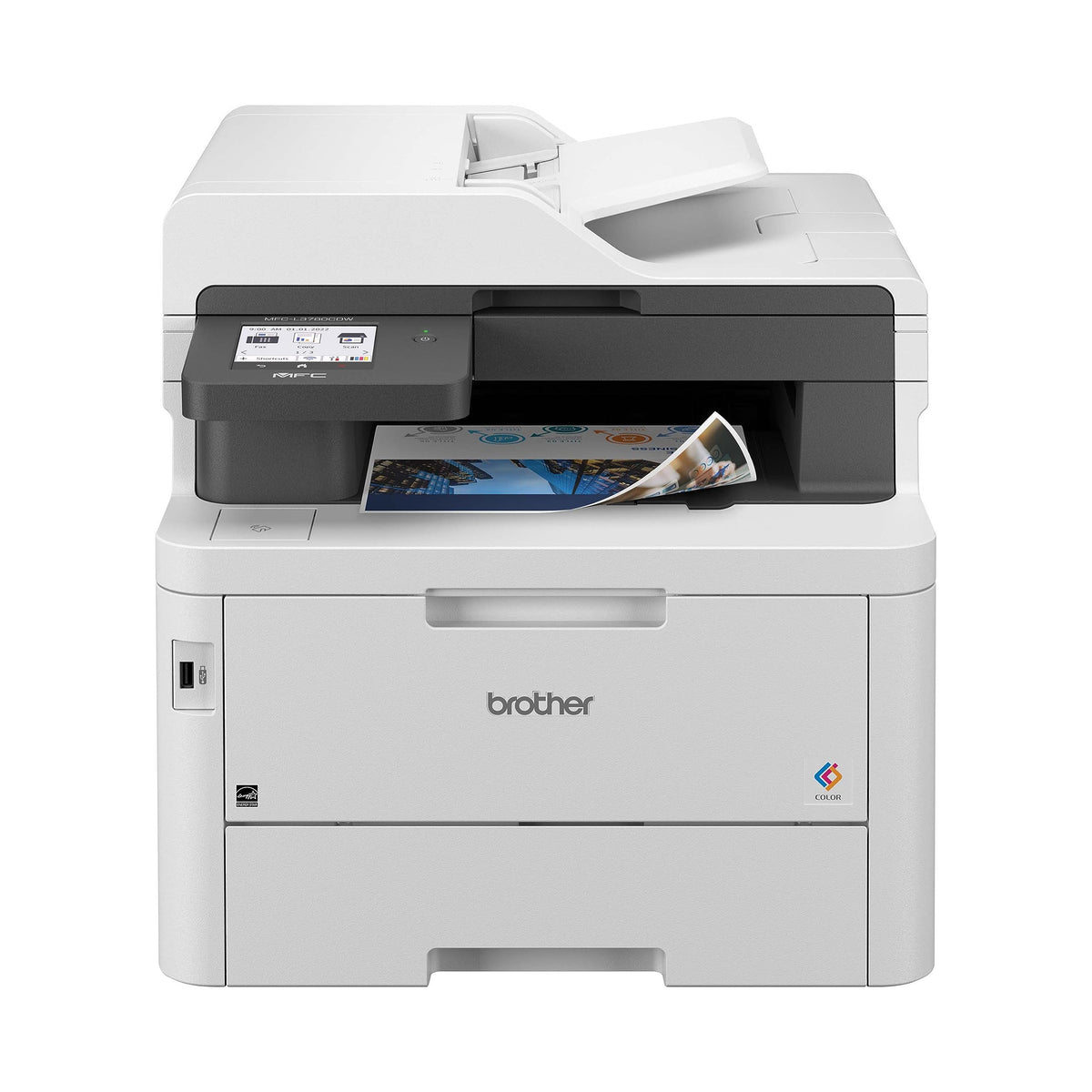 Brother MFC-L3780CDW front view showing clean color output and compact design benefits
