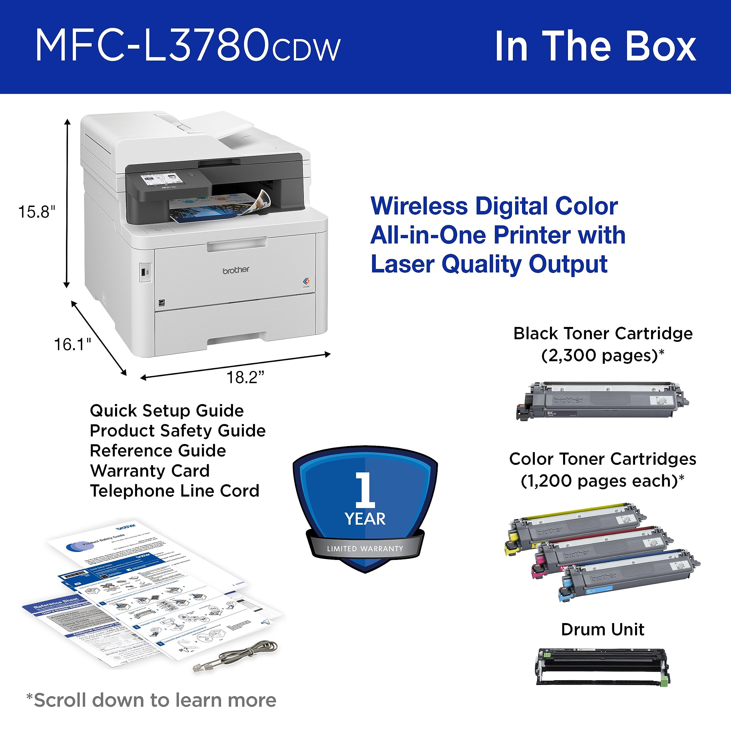 Brother MFC-L3780CDW next to laptop for scale demonstrating space-saving footprint