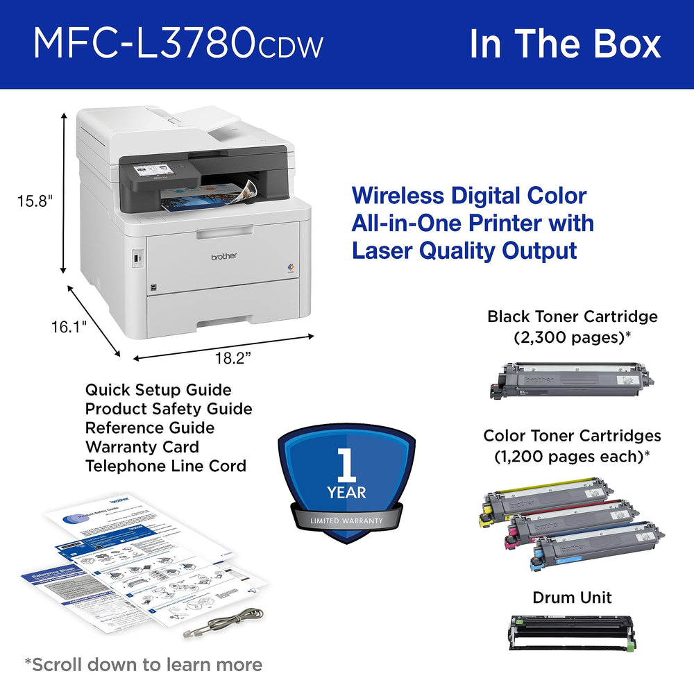 Brother MFC-L3780CDW next to laptop for scale demonstrating space-saving footprint