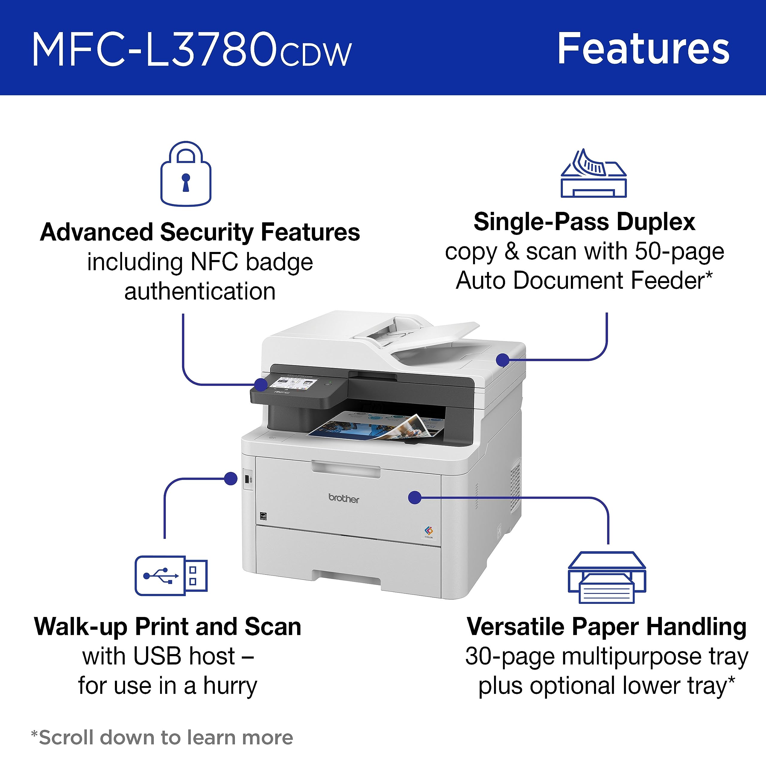 Brother MFC-L3780CDW automatic document feeder close-up for fast duplex scanning