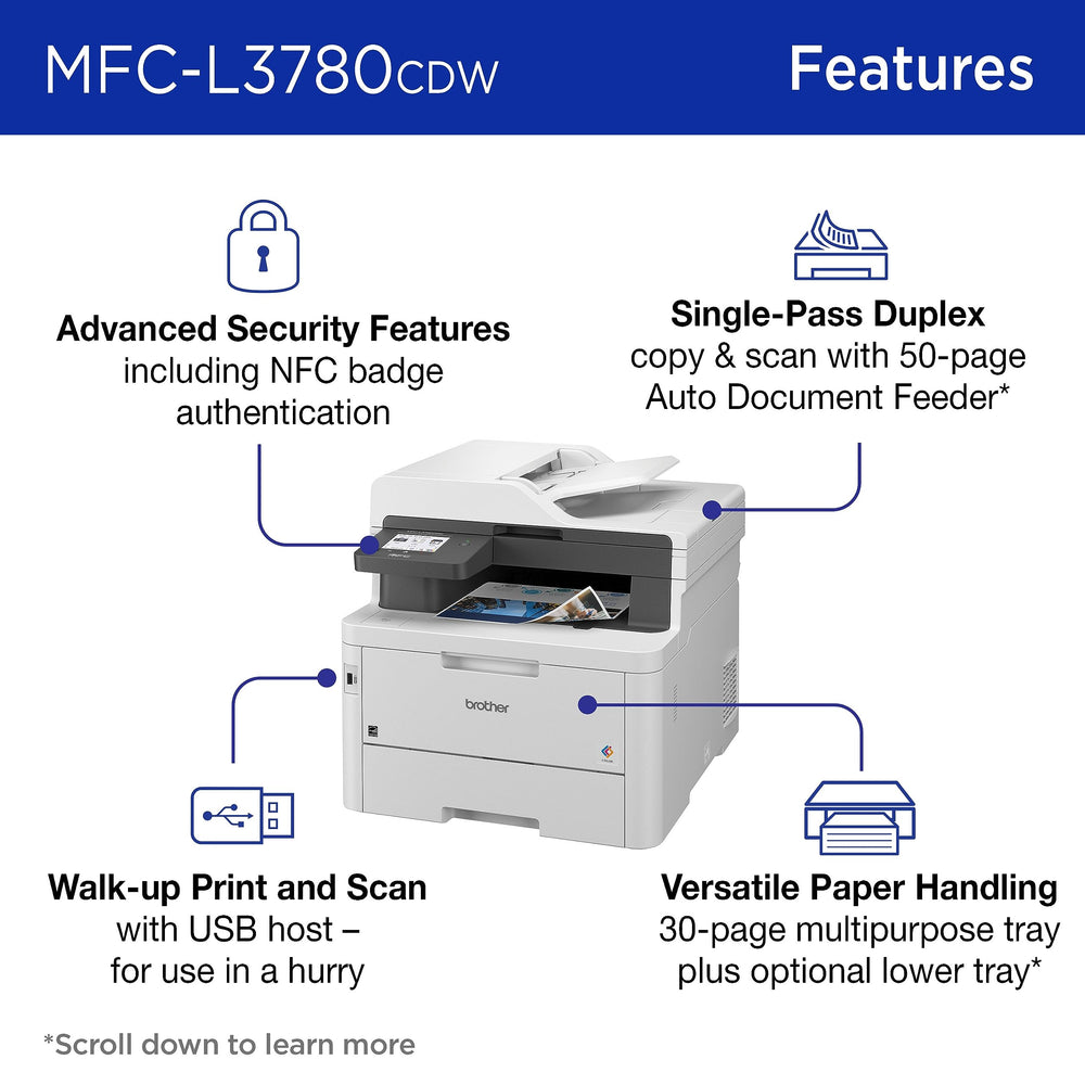 Brother MFC-L3780CDW automatic document feeder close-up for fast duplex scanning