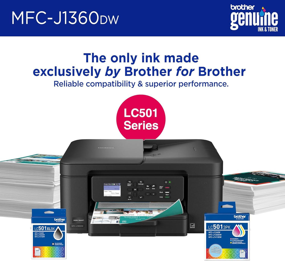 Brother LC501 ink cartridges beside printer for reliable, consistent printing