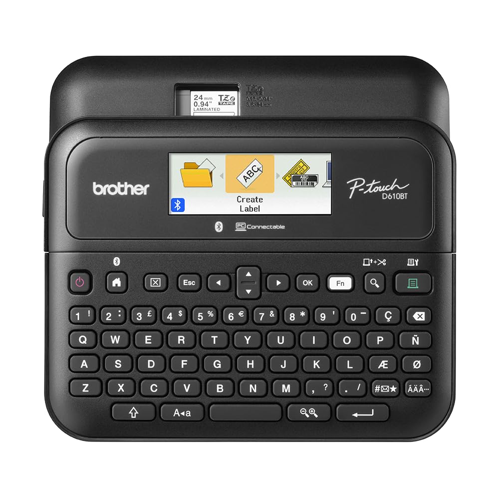 Brother PT-D610BT front panel showing display and branding for easy control