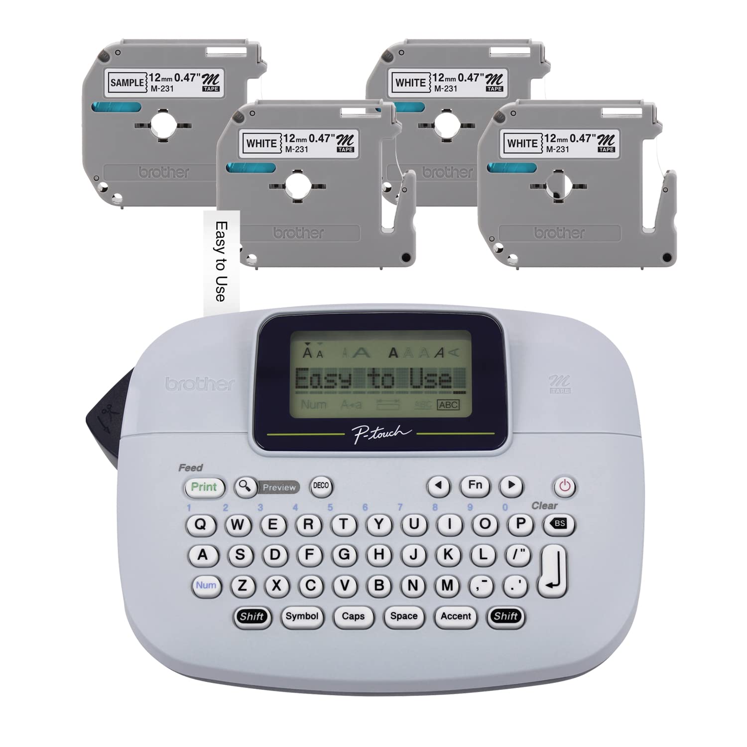 Brother PT-M95 front view showing display and benefit of easy preview