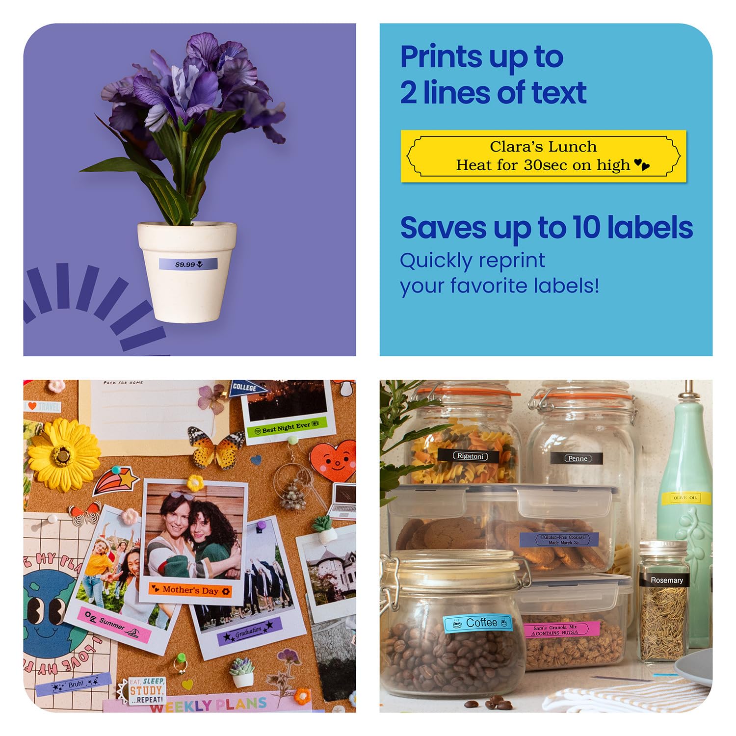 Dorm room shelf with Brother PT-N10 labels organizing supplies for clutter reduction