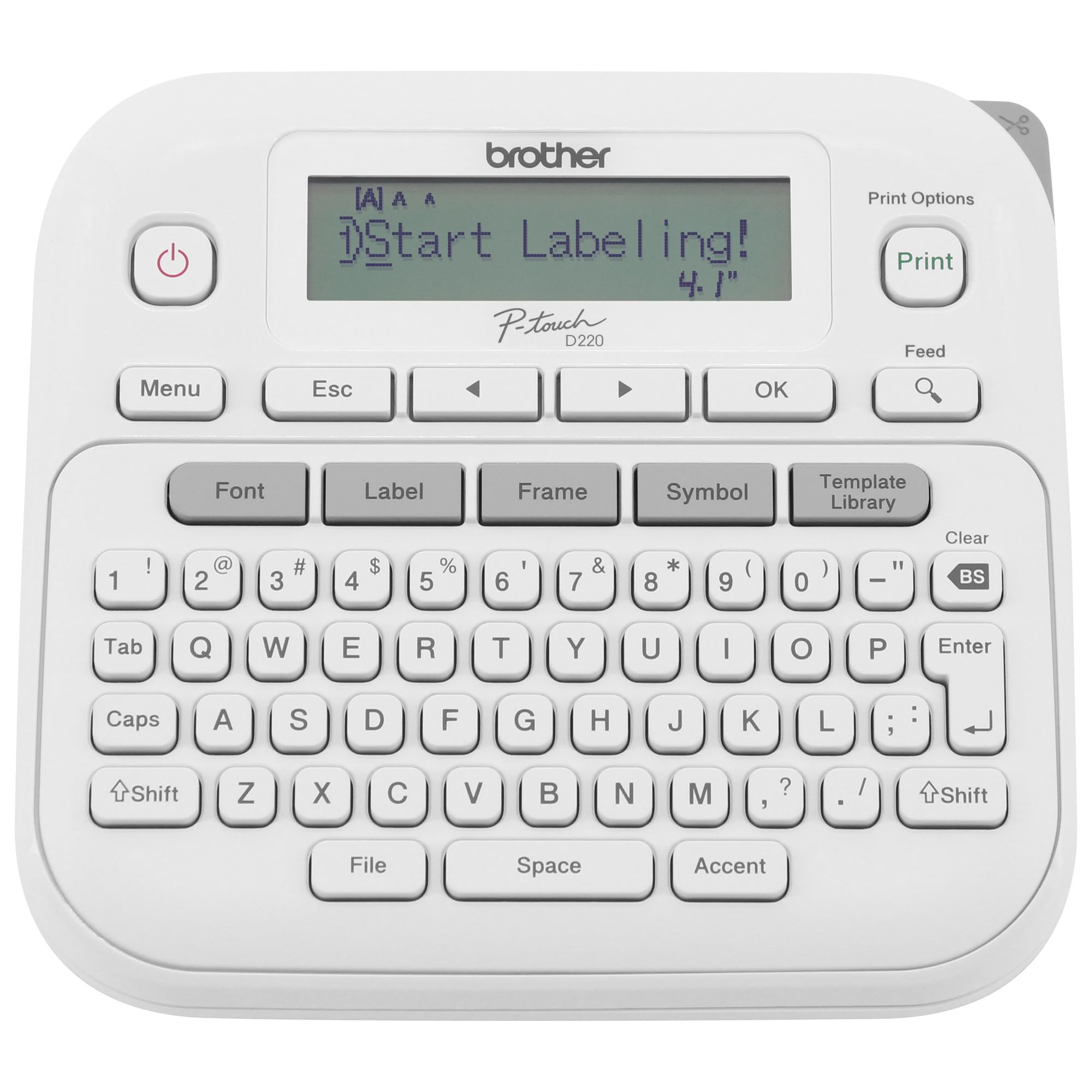 Brother PTD220 front angle showing compact design and tape slot, clear labeling benefit