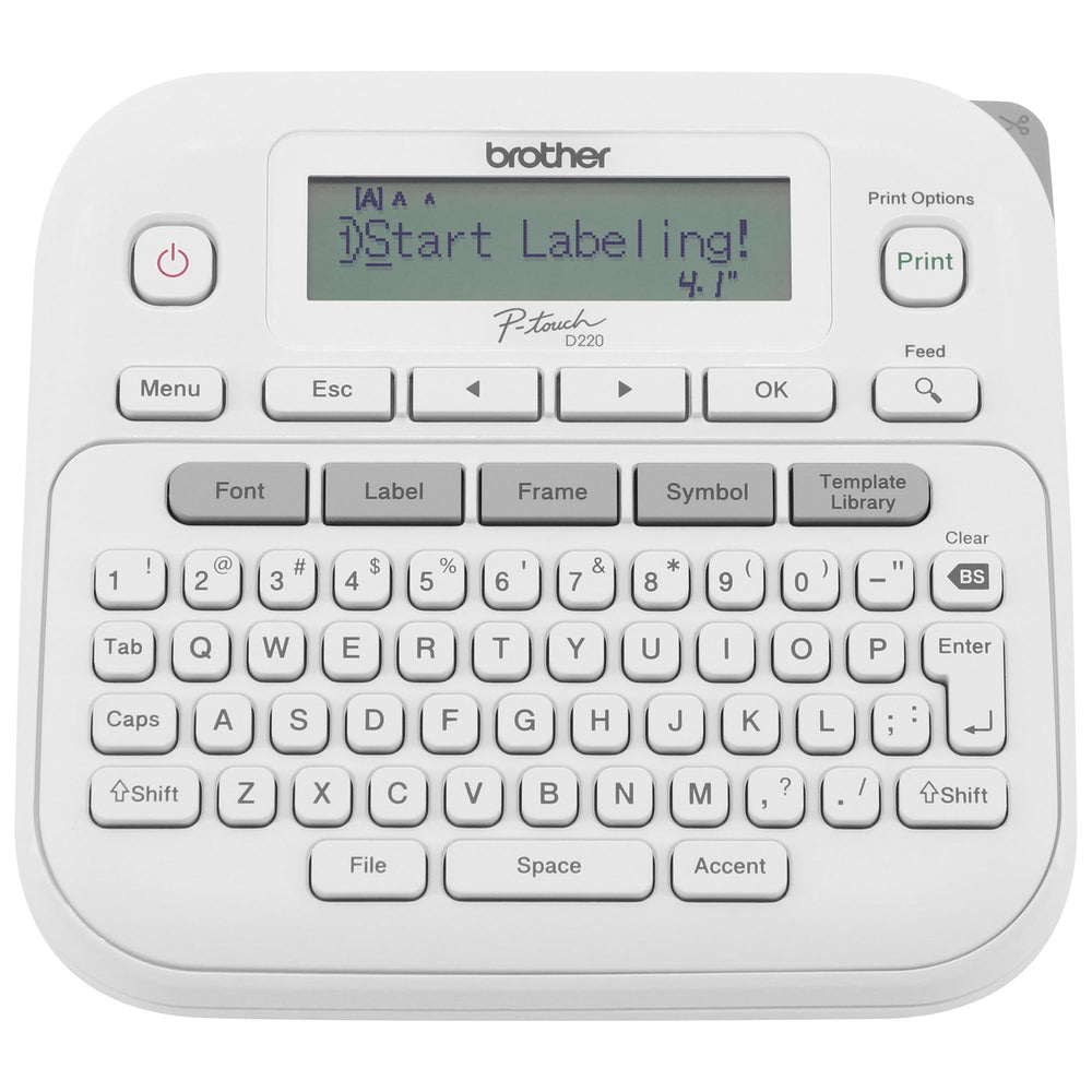 Brother PTD220 front angle showing compact design and tape slot, clear labeling benefit