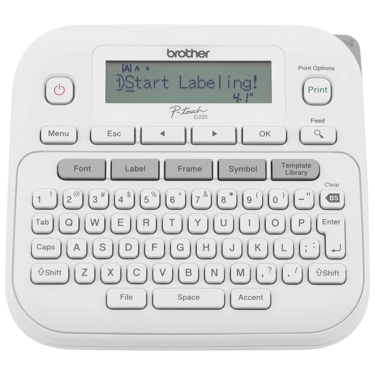 Brother PTD220 front angle showing compact design and tape slot, clear labeling benefit