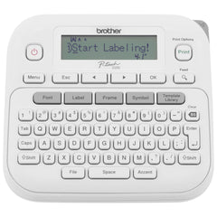Brother PTD220 front angle showing compact design and tape slot, clear labeling benefit