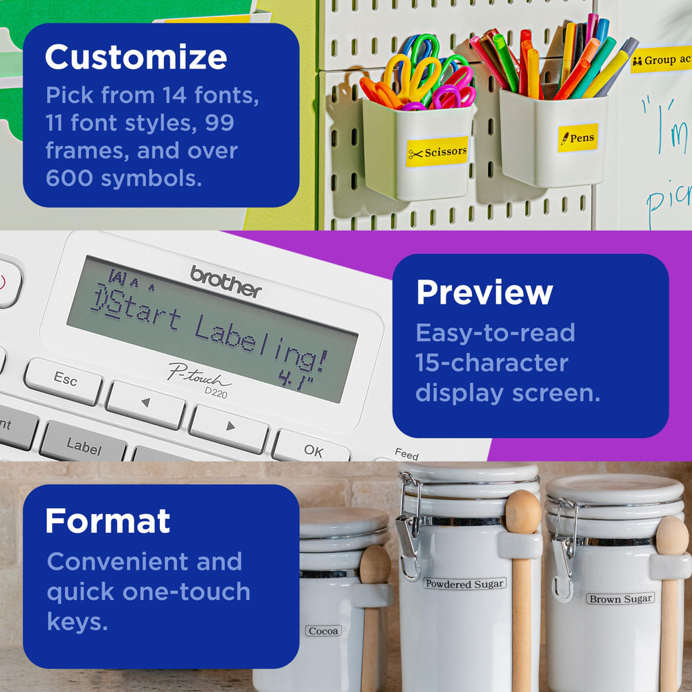 Brother PTD220 labeling jars inside kitchen cabinet demonstrating tidy organization