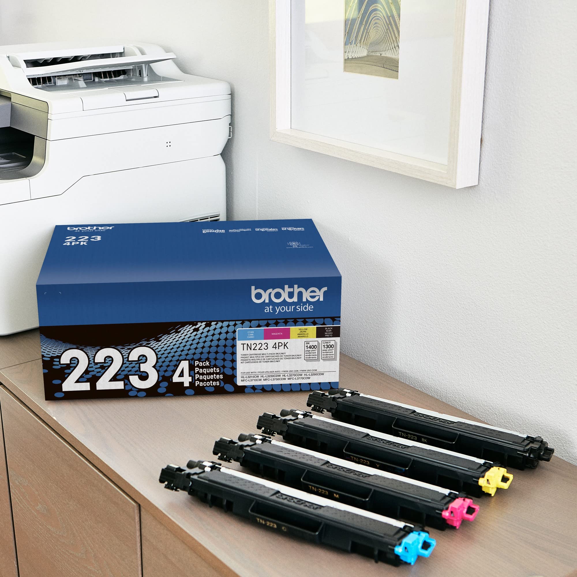 Brother cyan magenta yellow cartridges lined up for balanced color