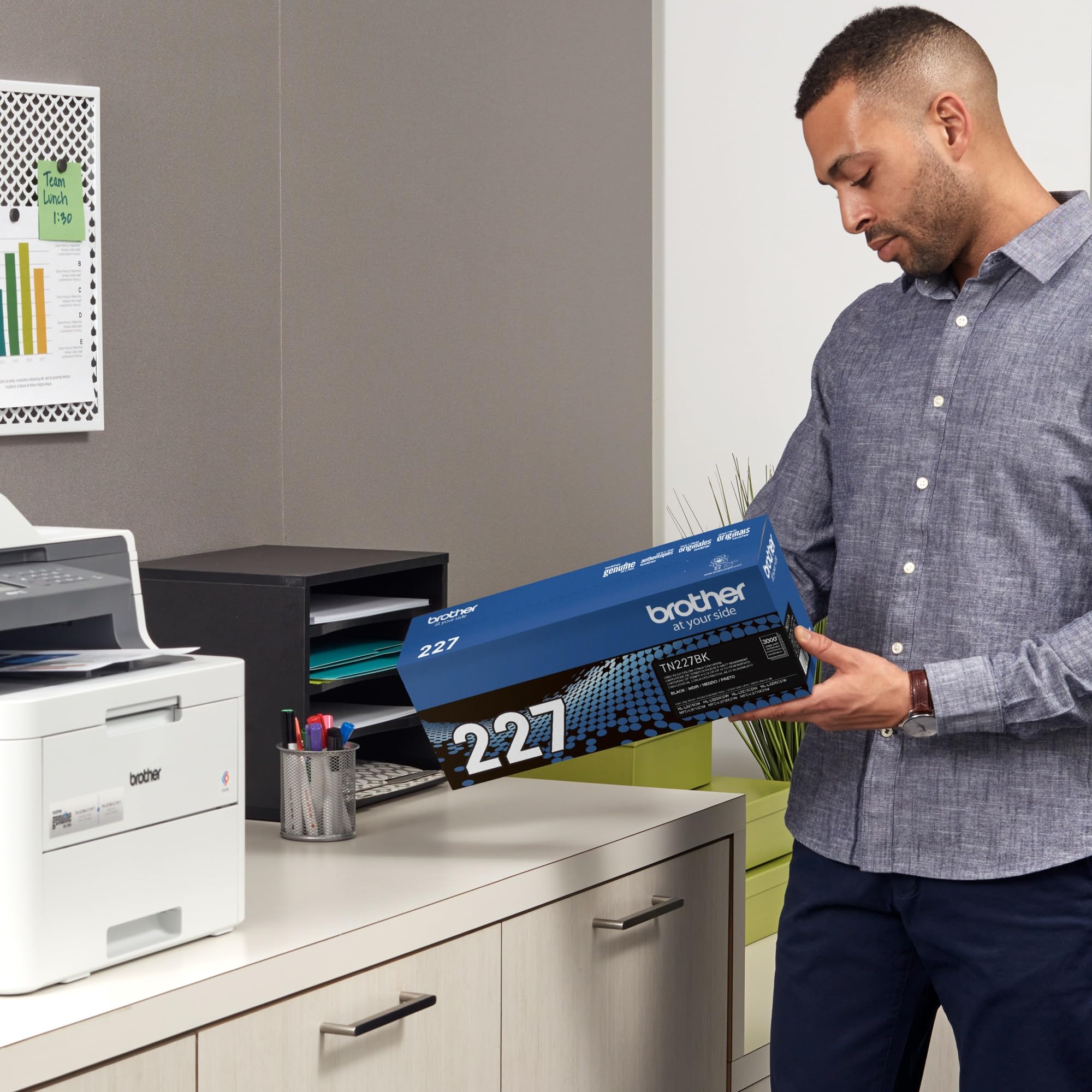 Brother TN227BK packaging back panel highlighting compatibility and recycling info