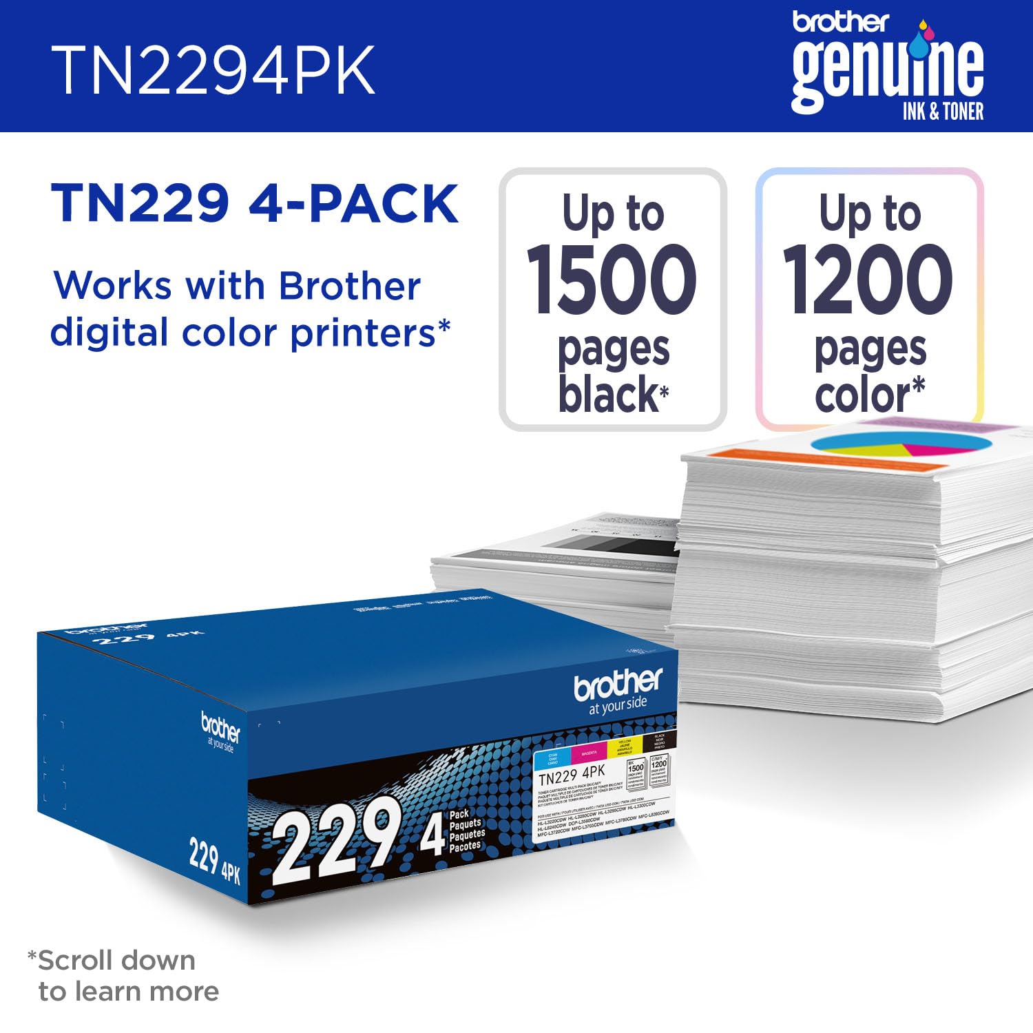 Brother cartridges lined up black cyan magenta yellow for easy restocking