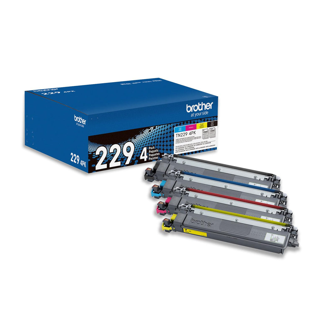 Brother branded multipack packaging showing four toner cartridges and benefits