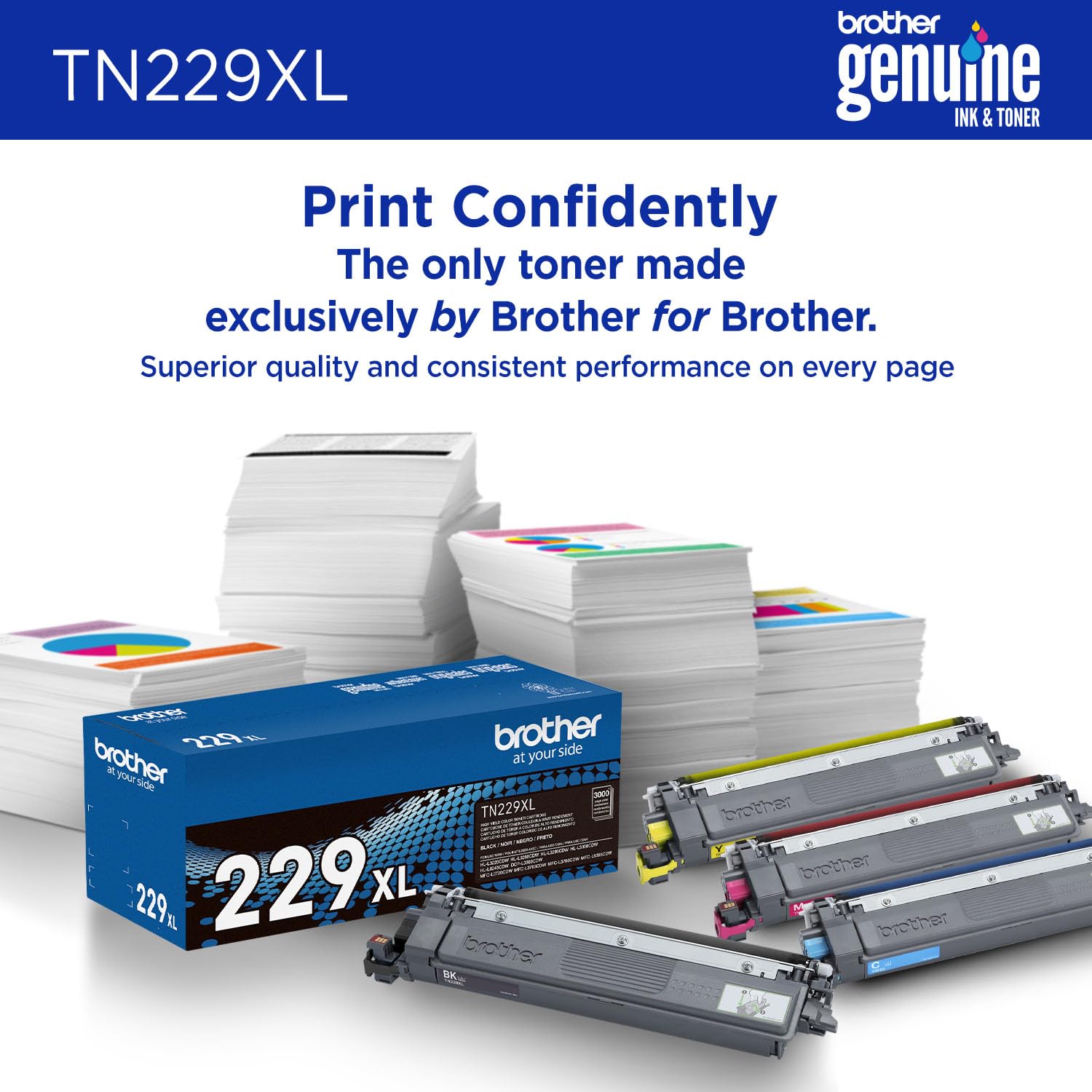 Printed page sample from Brother TN229XLC showing vivid cyan and professional color output