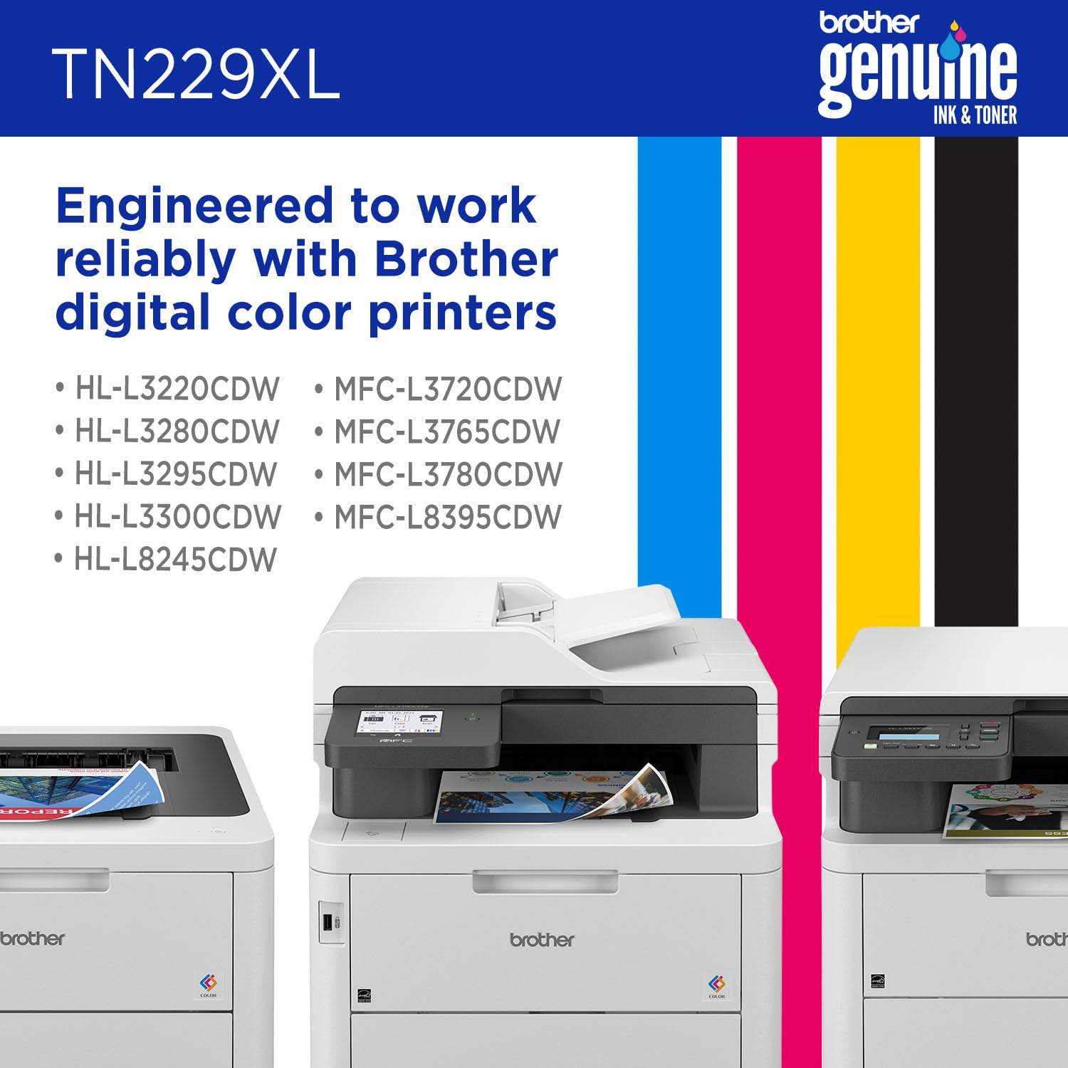 Brother TN229XLC beside a ruler for scale illustrating compact, space-saving design