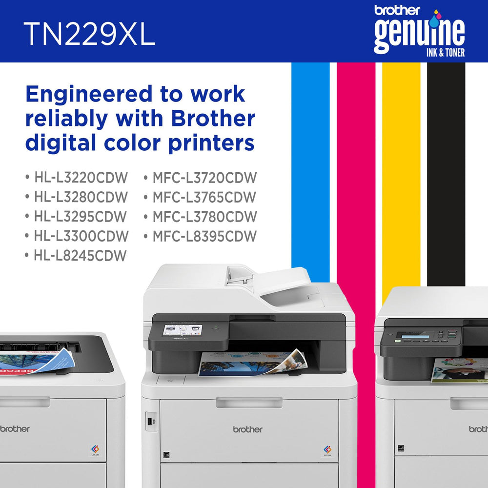 Brother TN229XLC beside a ruler for scale illustrating compact, space-saving design