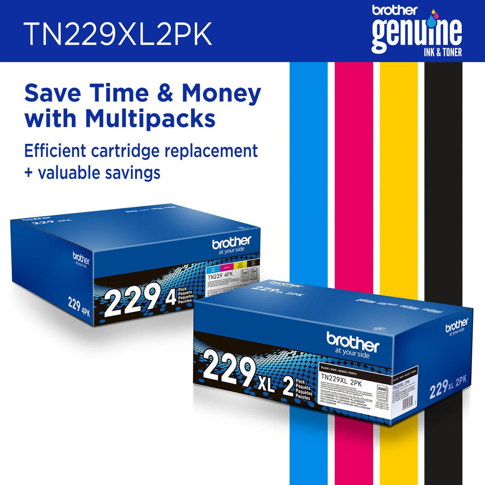 Brother cartridges on office desk with printed documents showing professional output