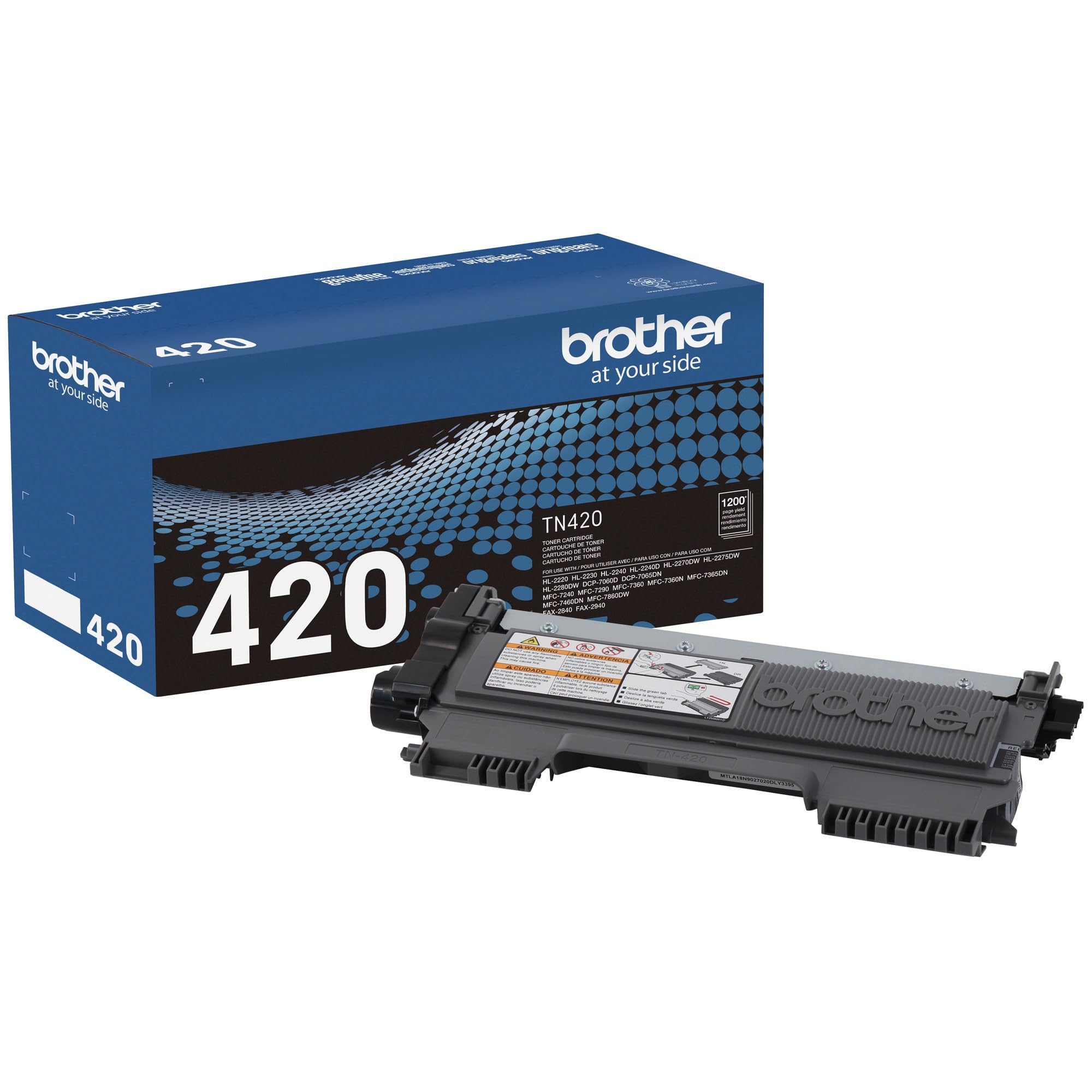 Brother TN-420 front packaging showing cartridge and compatibility for reliable replacement