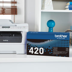Brother TN-420 sample printed page with crisp black text demonstrating sharp print quality