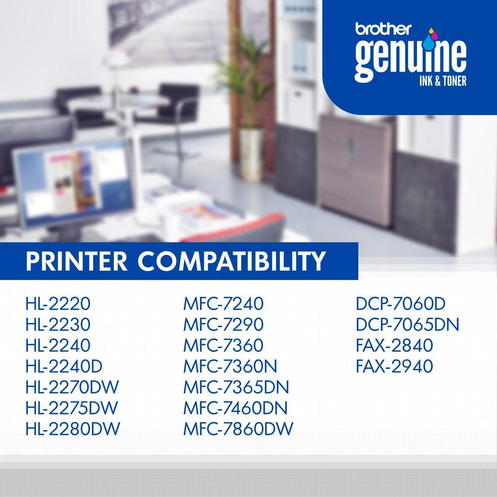 Brother TN-450 beside a ruler to show compact size and easy storage