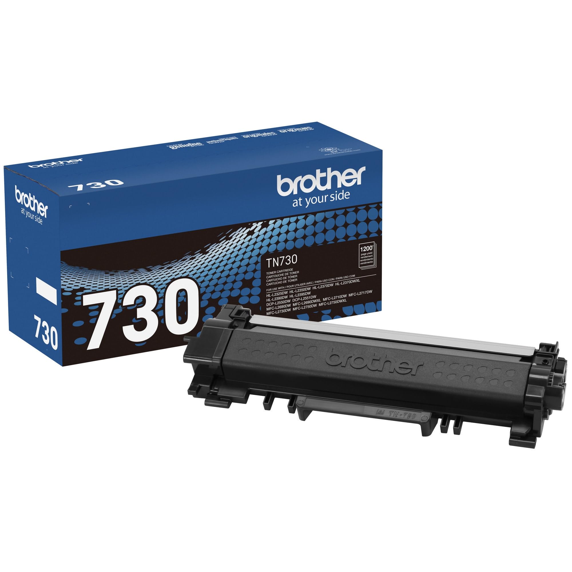 Brother TN-730 front packaging showing model and black toner — reliable print performance
