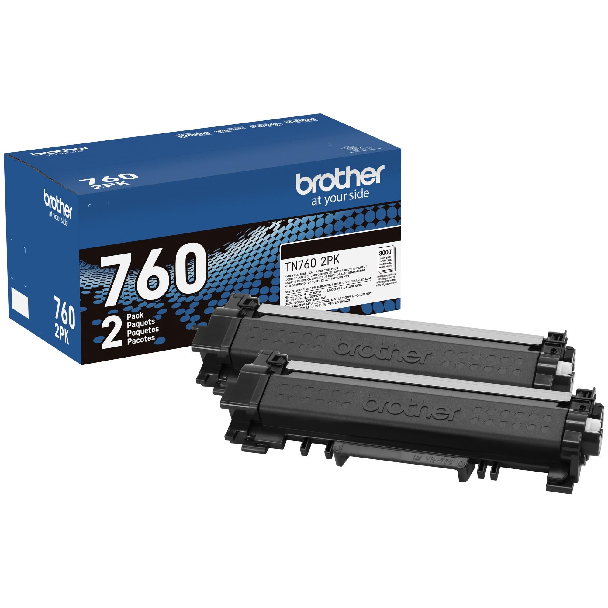 Brother TN760 front packaging showing twin-pack and benefit of bulk supply