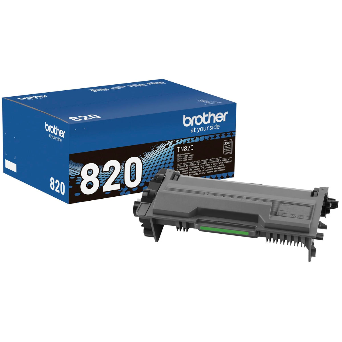 Brother TN820 front packaging showing product and easy identification benefit