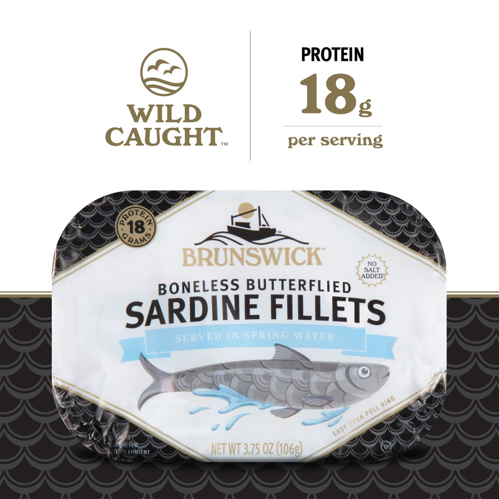 Brunswick open can with fillets in spring water highlighting ready-to-eat convenience