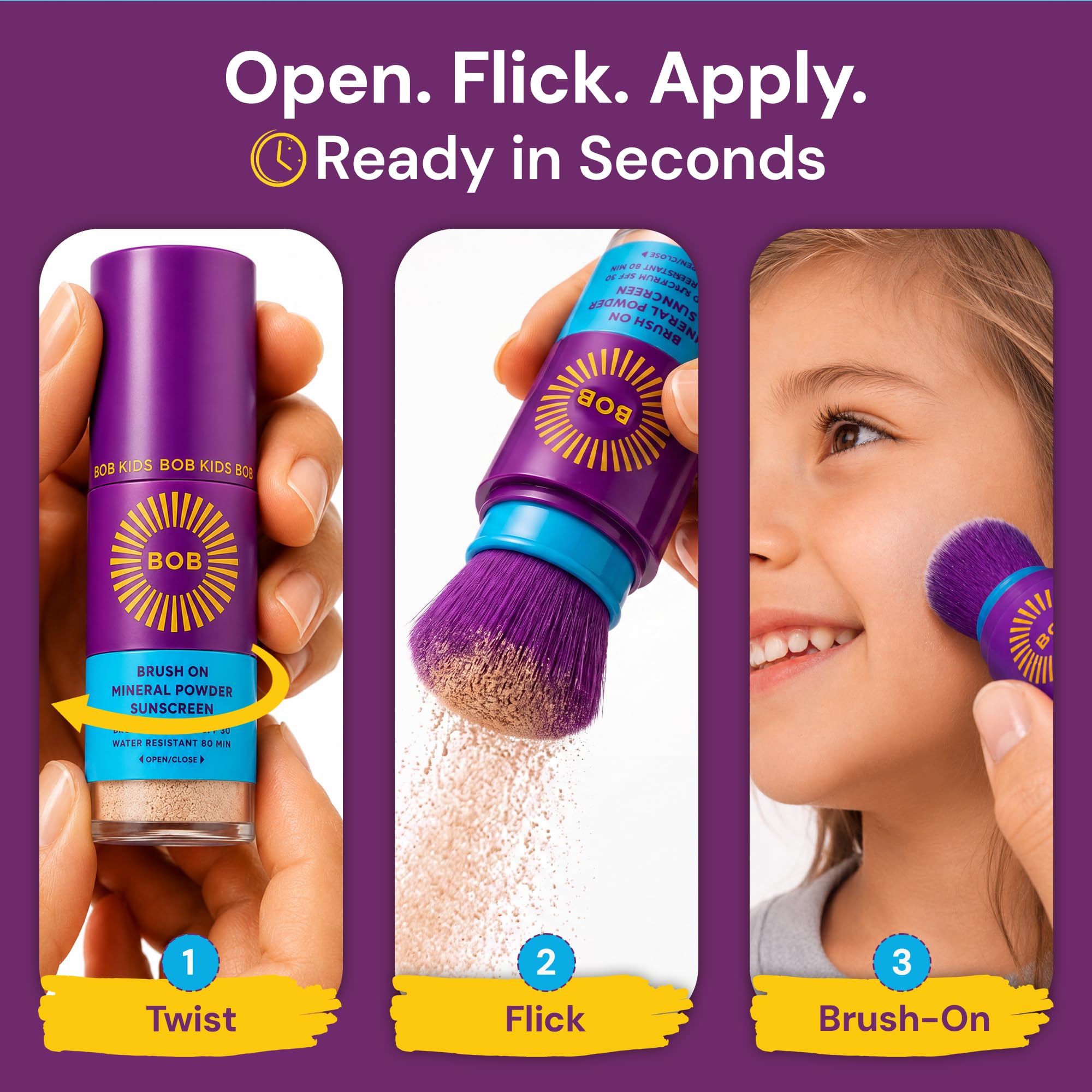 Brush On Block applied to child face by parent illustrating quick, tear-free reapplication
