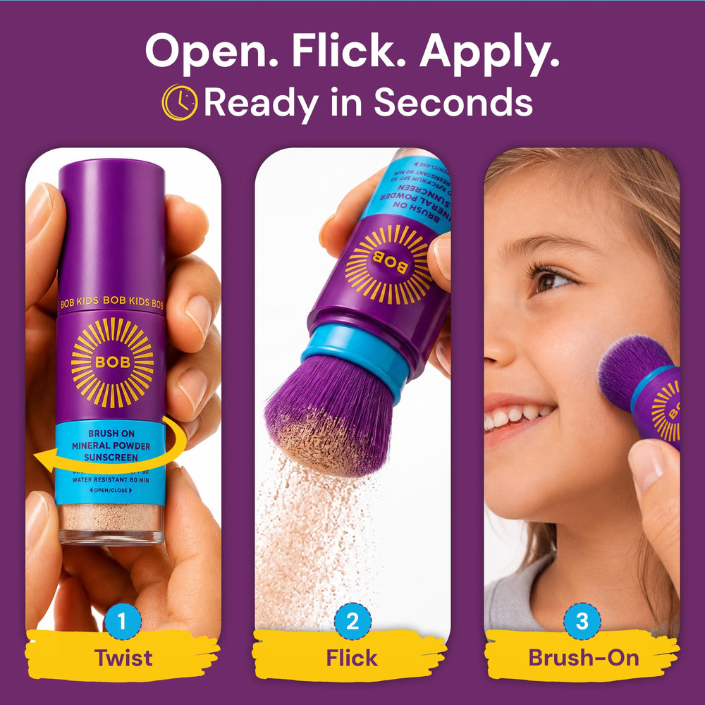 Brush On Block applied to child face by parent illustrating quick, tear-free reapplication