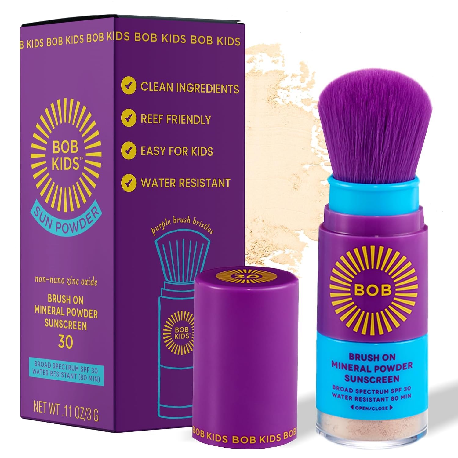 Brush On Block front packaging showing compact kids SPF 30 brush, easy travel protection